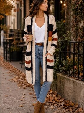Express XS Tall Striped Duster Cardigan Boho Chunky Knit Open Front Sweater